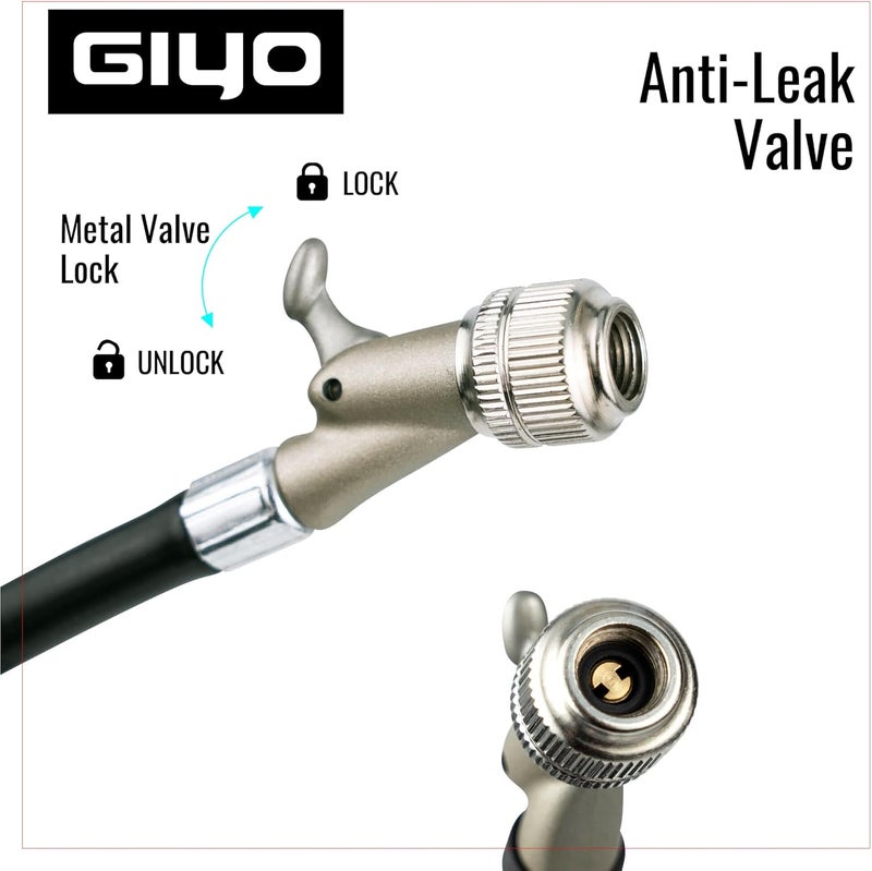 Giyo مضخة صدمات عالية الضغط (350 PSI) – قفل ذراع قوي لمنع فقدان الهواء، برميل ألمنيوم، مقياس قرص 1.5 بوصة، صمام تخفيف دقيق، خرطوم دوار 360°، صنع في تايوان - Image 5